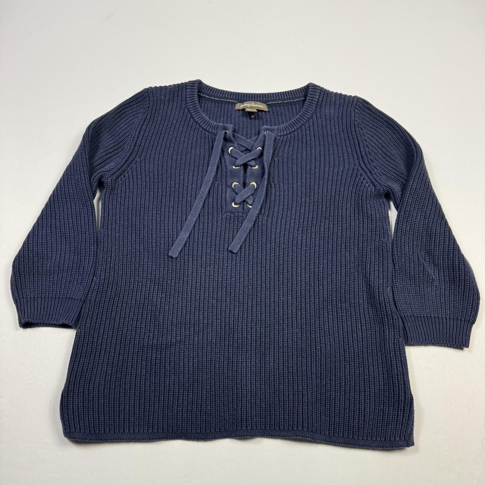Tommy Bahama Sweater Womens XS Blue Cotton Lace Up Knit Pullover 3/4 Sleeve‎